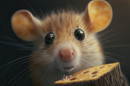 close-up of cute mouses whiskers, nose, and eyes while it enjoys a piece of cheese, created with generative aiの素材