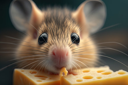 close-up of cute mouses whiskers, nose and eyes as it eats cheese slice, created with generative aiの素材