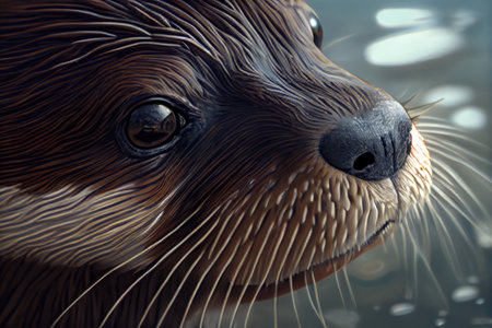 close-up of otters whiskers, nose, and eyes as it dives into the ocean, created with generative aiの素材
