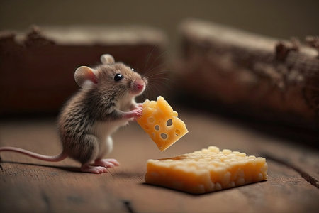 cute mouse reaching for cheese with its tiny paw, created with generative aiの素材