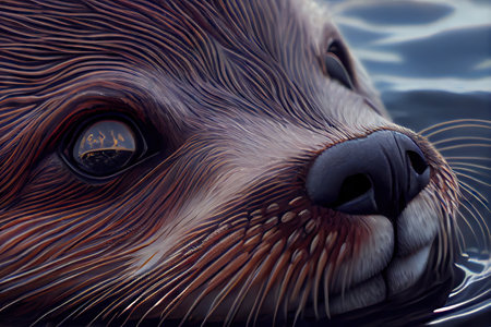 close-up of otters whiskers, nose, and eyes as it dives into the ocean, created with generative aiの素材