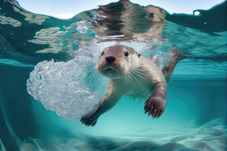 otter diving into crystal-clear pool, exploring its depths, created with generative aiの素材