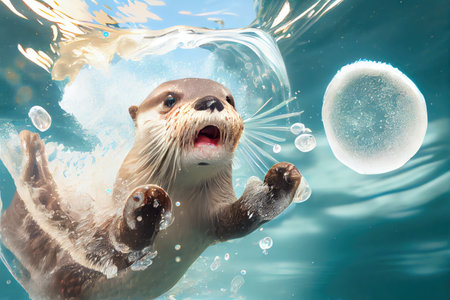 otter diving into crystal-clear pool, with bubbles and splashes, created with generative aiの素材