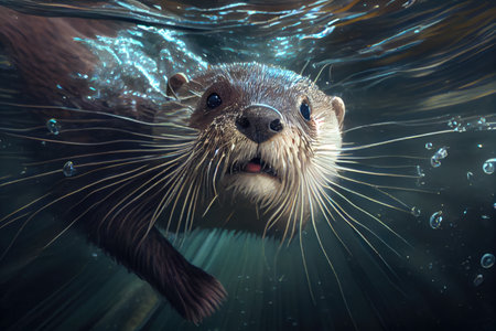 close-up of otters whiskers, diving underwater, created with generative aiの素材