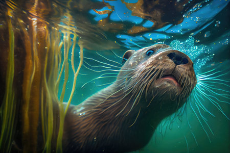 close-up of otters whiskers, diving underwater, created with generative aiの素材