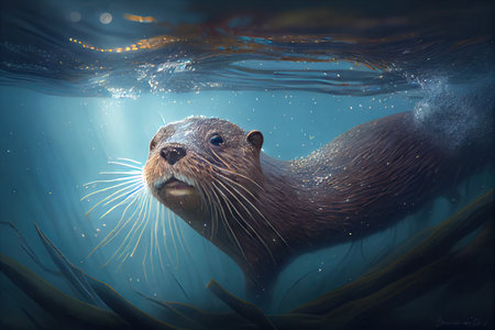 otter swimming underwater, its whiskers and fur glistening in the light, created with generative aiの素材