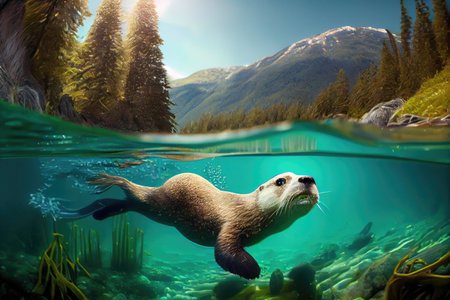 cute otter diving in crystal-clear lake, with view of the surrounding forests, created with generative aiの素材