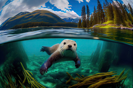 cute otter diving in crystal-clear lake, with view of the surrounding forests, created with generative aiの素材