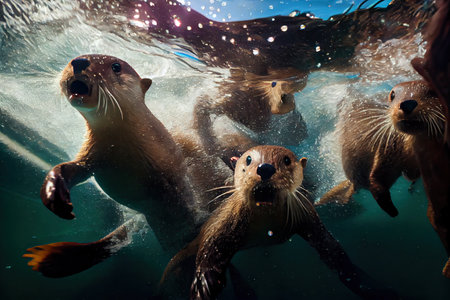 group of otters playing and swimming in water with one diving, created with generative aiの素材