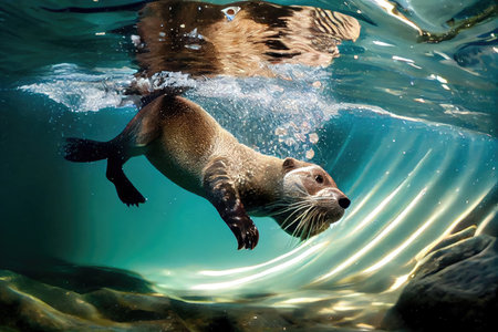 otter diving into crystal clear pool, with fish swimming nearby, created with generative aiの素材