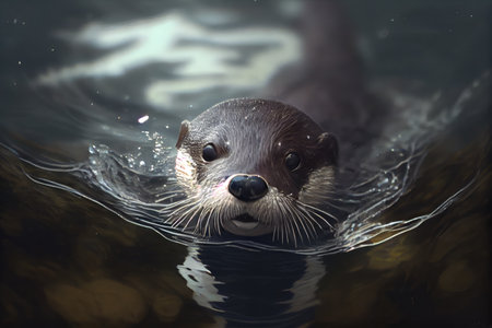 otter diving in murky waters, its black eyes visible, created with generative aiの素材