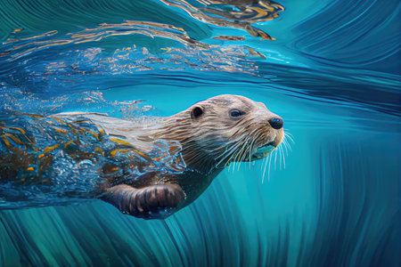 otter swimming through clear blue water, with its head above the surface, created with generative aiの素材