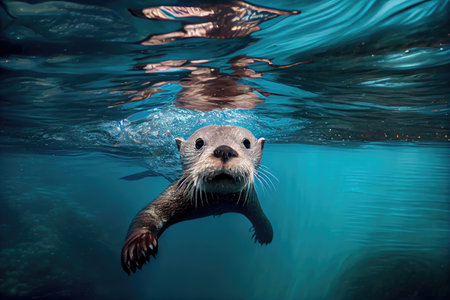 otter swimming through clear blue water, with its head above the surface, created with generative aiの素材