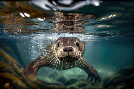 otter diving with eyes open, watching its surroundings, created with generative aiの素材