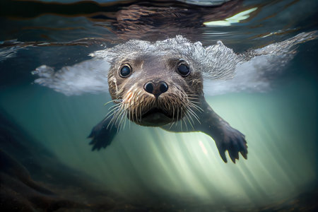 otter diving with eyes open, watching its surroundings, created with generative aiの素材