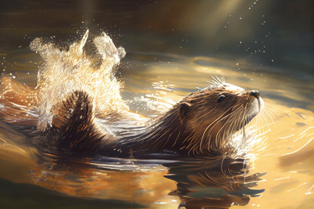 otter diving from the water into open air, with its wet fur glistening in the sun, created with generative aiの素材