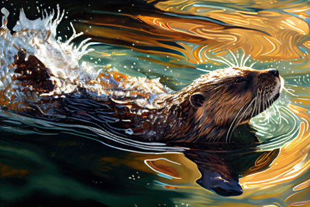 otter diving from the water into open air, with its wet fur glistening in the sun, created with generative aiの素材