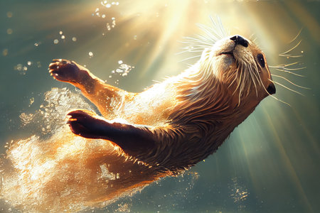 otter diving from the water into open air, with its wet fur glistening in the sun, created with generative aiの素材