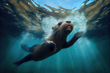 otter diving underwater, with its sleek black fur visible in the water, created with generative aiの素材
