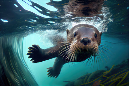 otter diving underwater, with its sleek black fur visible in the water, created with generative aiの素材