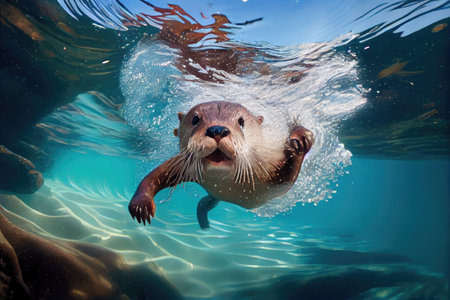 otter diving into clear blue water, with fish swimming in the background, created with generative aiの素材