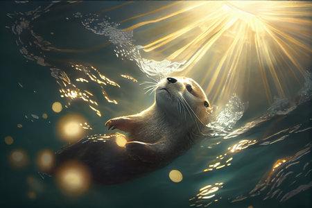 light shining through the water, illuminating cute otters dive, created with generative aiの素材