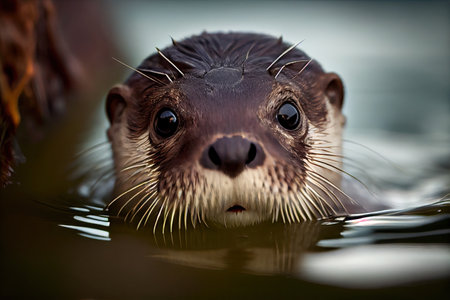 close-up of cute otters face, with its eyes and nose peeking out of the water, created with generative aiの素材