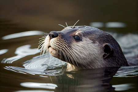 otter bobbing its head above the water, with its nose twitching, created with generative aiの素材