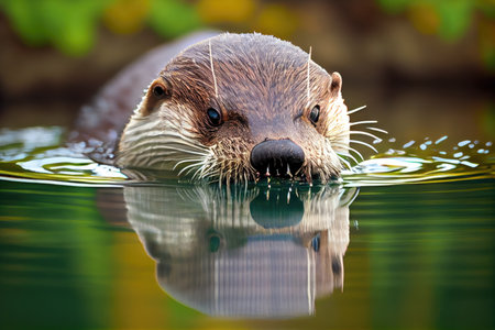otter bobbing its head above the water, with its nose twitching, created with generative aiの素材
