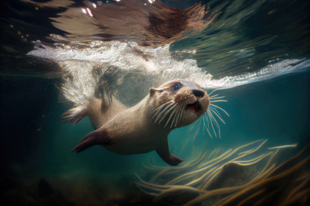otter swimming underwater, its tail and head breaking the surface, created with generative aiの素材