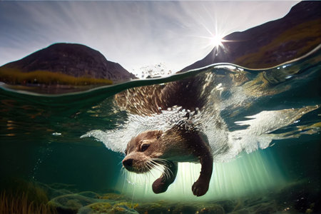 otter diving into crystal clear lake, its whiskers and paws visible, created with generative aiの素材