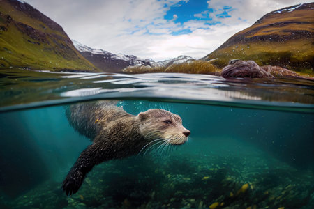 otter diving into crystal clear lake, its whiskers and paws visible, created with generative aiの素材