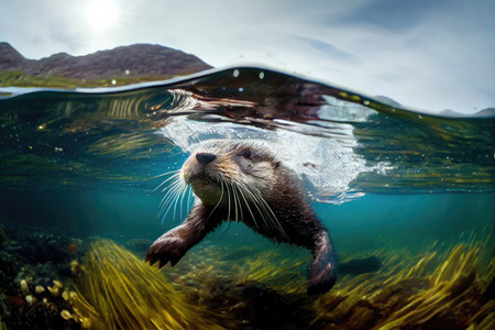 otter diving into crystal clear lake, its whiskers and paws visible, created with generative aiの素材