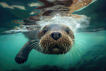 otter swimming underwater, with only its whiskers and eyes visible, created with generative aiの素材