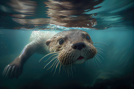 otter swimming underwater, its nose and whiskers visible above the surface, created with generative aiの素材
