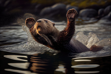 otter diving into stream, headfirst and paws in the air, created with generative aiの素材