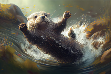 otter diving into stream, headfirst and paws in the air, created with generative aiの素材