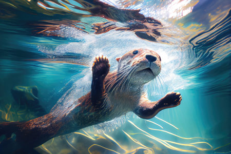otter diving headfirst into tranquil pool of water, with its whiskers and paws visible, created with generative aiの素材