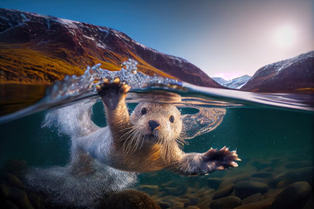 cute otter diving into crystal-clear lake, with its head popping up and paws waving, created with generative aiの素材