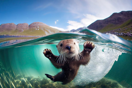 cute otter diving into crystal-clear lake, with its head popping up and paws waving, created with generative aiの素材
