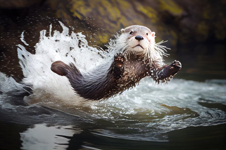 cute otter leaping out of the water and showing its playful personality, created with generative aiの素材