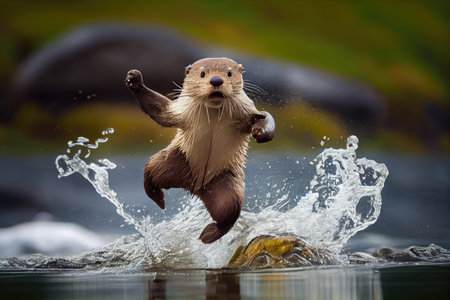 cute otter leaping out of the water and showing its playful personality, created with generative aiの素材