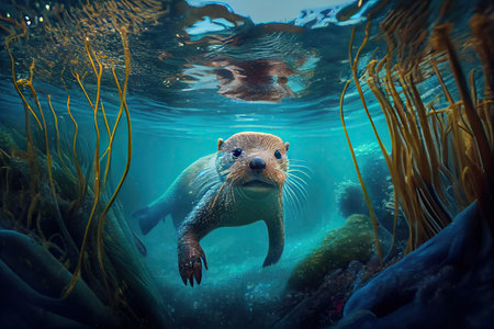 otter swimming underwater, exploring hidden world, created with generative aiの素材