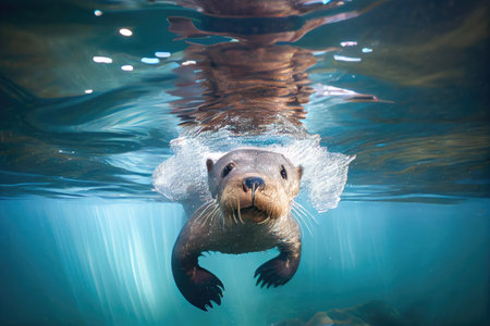 otter swimming underwater, with its head above water and ears perked up, created with generative aiの素材