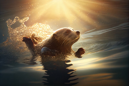otter diving into cool lake, with sun shining above, created with generative aiの素材