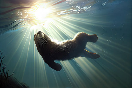 otter diving into cool lake, with sun shining above, created with generative aiの素材