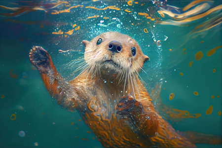 cute otter diving into clear and tranquil pool, with water droplets flying, created with generative aiの素材