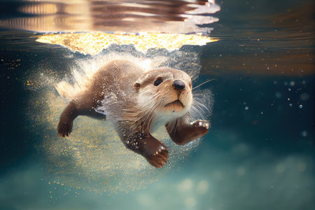 cute otter diving into clear and tranquil pool, with water droplets flying, created with generative aiの素材