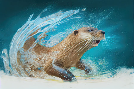 otter diving into clear blue pool, with water spraying from its fur, created with generative aiの素材