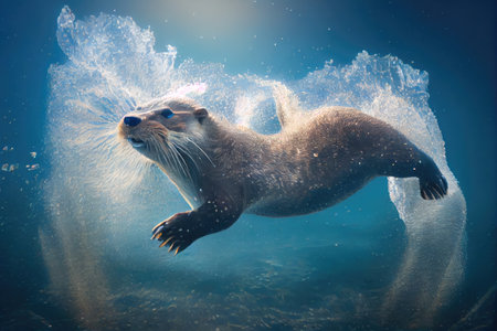 otter diving into clear blue pool, with water spraying from its fur, created with generative aiの素材